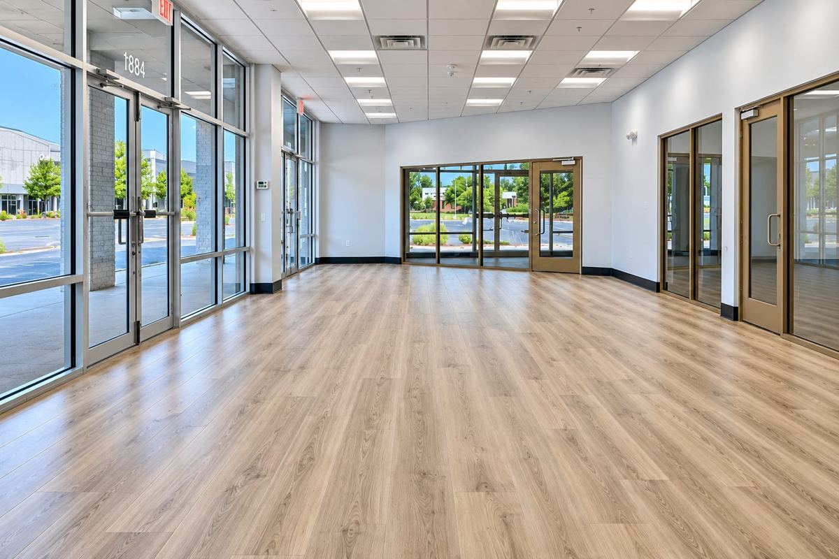 Retail entry at 1884 Glen Road with wood-look plank flooring running from the storefront doors across the vestibule